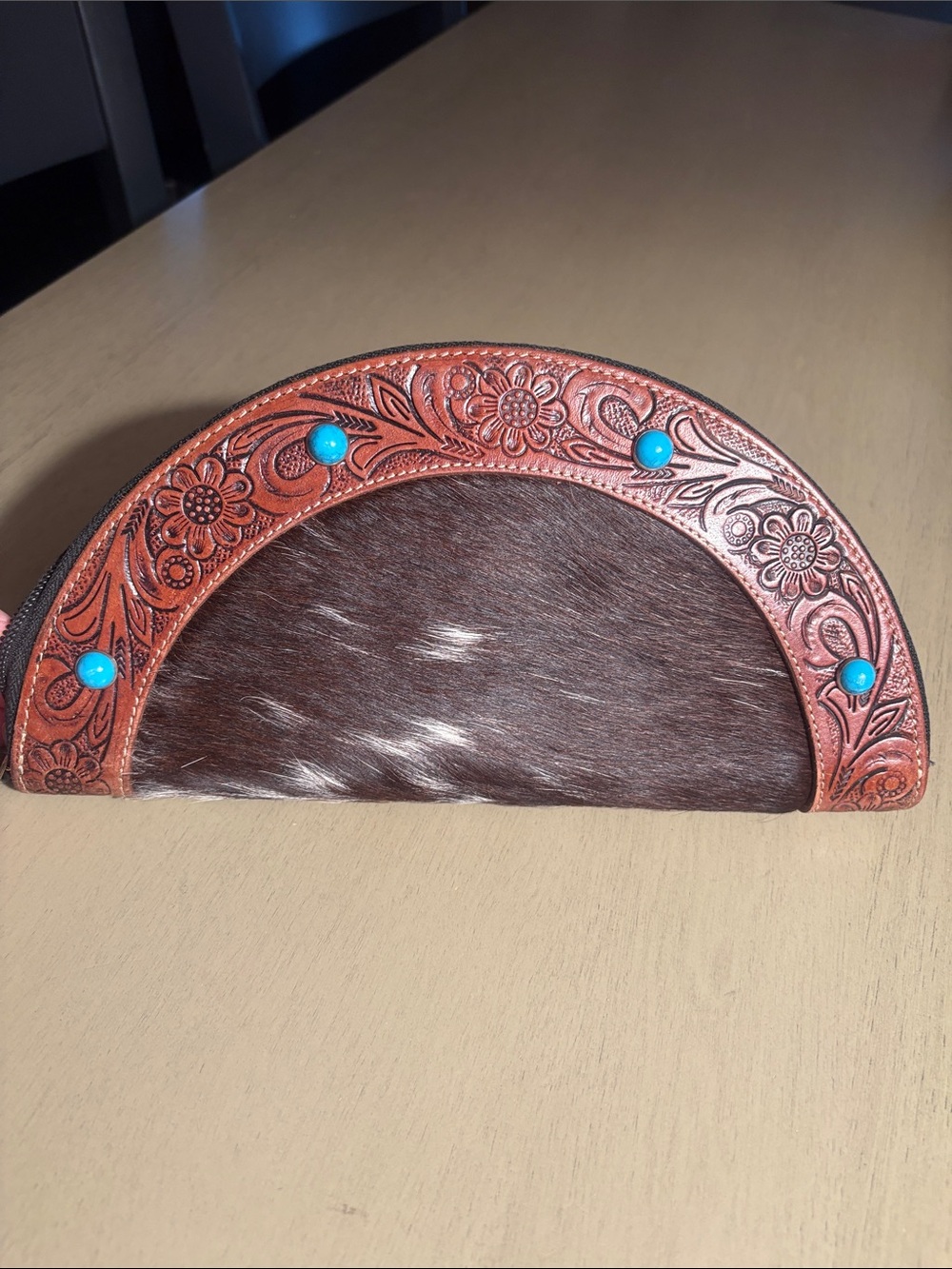 Western Hair-On Hide Tooled Leather Wallet Clutch Turquoise Colored Studs Brown